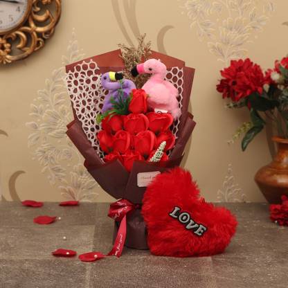 Tied Ribbons Valentine Day Gift For Girls Girlfriend Wife Her Romantic Gift Pack Bouquet Of Red Scented Rose Flowers Swan Keychain And Small Fur Heart Cushion Assorted Gift Box Price
