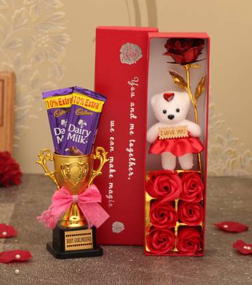 Tied Ribbons Valentine Gift For Girlfriend Love Gift Pack Gold Plated Rose With Red Scented Rose Flowers Teddy Small Trophy And Dairy Milk Chocolates Assorted Gift Box Price In