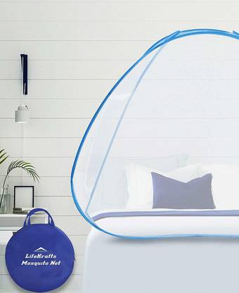Lifekrafts Polyester Kids Pop Up Single Bed Mosquito Net White Color With Blue Border Foldable In India Single Bed Mosquito Net White Color, Pop Up Mosquito Net For Single Bed