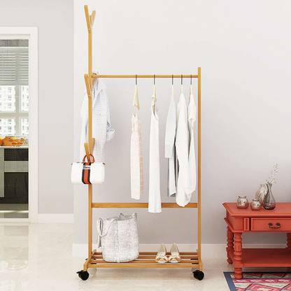 Ada Handicraft Bamboo Garment Rack With 6 Side Hook Tree Stand Coat Hanger And Four Stable