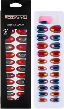ROZIA Artificial Nails Set Colorful Fake Nails, Full Cover Short Round UV  Top Coat Artificial Acrylic Nails, Premium Salon Chrome False Nails with  Glue Multicolor - Price in India, Buy ROZIA Artificial