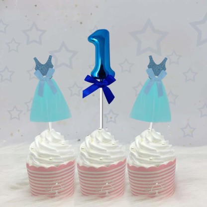 1st Birthday Decoration NumberLetter Cupcake Toppers in  Blue and  Gray