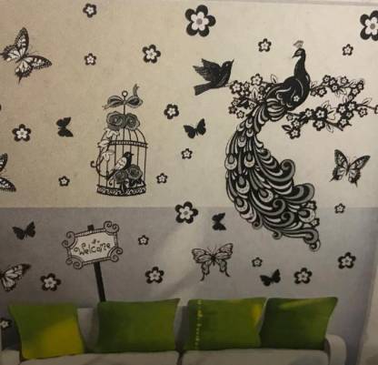 Meher Collection DULI™ 7D Waterproof Black & White Peacock Wall Stickers  Big Size 60cm x 90cm Room Decoration .Can be Used on Any Room Wall  Kitchen,Office,or Kid Room,Study Room Price in India -