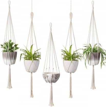 Ecofynd Macrame Cotton 5 Set Plant Hanger Rope Wall Hanging Flower Pot Holder Pack Without Container In India - Wall Pot Plant Hanging