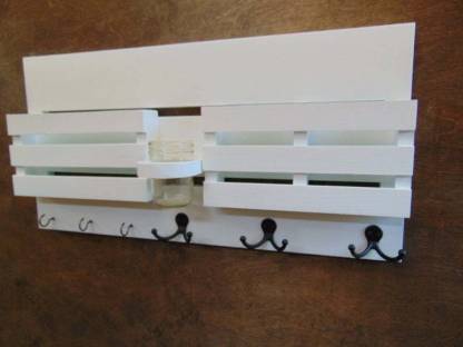 Letter Holder And Hooks For Keys Or Clothes, White Wooden Letter Rack Wall Mounted
