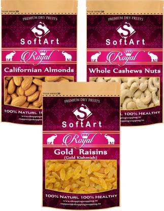 Soft Art Royal Californian Almonds , Whole Cashews Nuts & Gold Kishmish (Gold Raisins) (250g Each) Vacuum Pack Almonds, Cashews, Raisins  (3 x 250 g)
