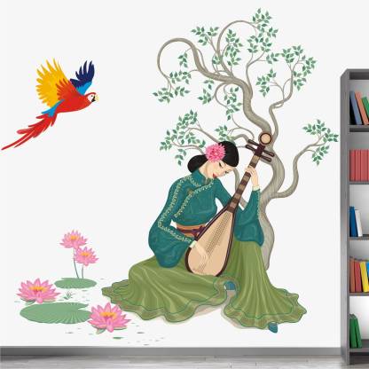 WALL STICKS Beautiful - Chinese - Women - Playing - Traditional - Musical - Lute - Nature - Tree - Birds - Lotus - Colourful - Decorative - Wall Sticker - WS004