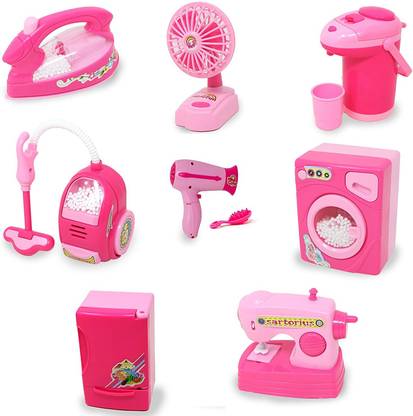 Niyamat 8 Pieces Household Home Appliances Play Set Toys For Girls With Realistic Sound Washing Machine Sewing Machine Vacuum Cleaner Fan Hair Dryer Fridge Thermos Iron 8 Pieces Household
