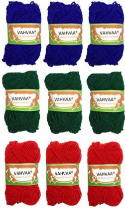 vahvaa Hand Crochet Art Craft Soft Fingering Hook Yarn, Needle Knitting Thread Dyed Yarn Blue Dark Green Red Color Pack Of 9