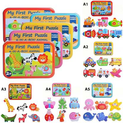 Indusbay Pack Of 5 Children Jigsaw Puzzles 6 Kinds Of Early Education Puzzles In A Box For 2 4 Years Old Kids 5 Boxes With 6 Puzzle In Each Box Pack