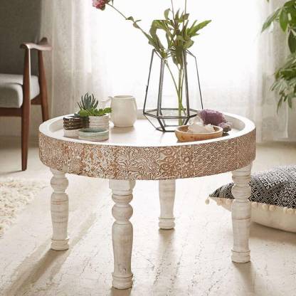 The Home Dekor Solid Wood Coffee Table, Distressed White Round Coffee Table