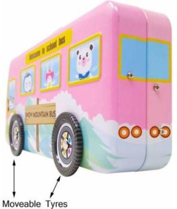  | VEDANSHI Multicolour Cartoon Printed School Bus Shape Metal  Pencil Box with Moving Tyres for Kids (pink ) Geometry Box (Multicolor)  Geometry Box -