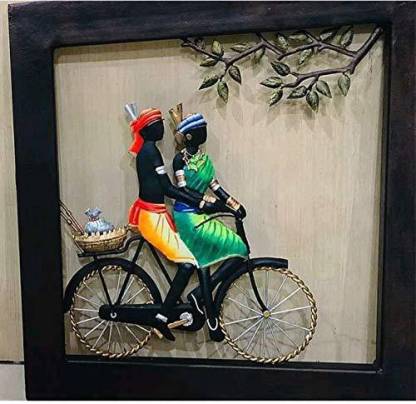 Tejas Enterprises Tribal Couple Riding On Bicycle Wall Hanging Frame Wrought Iron And Wooden - Bicycle Wall Art Decor