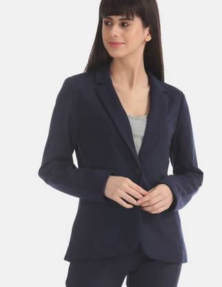 Solid Single Breasted Casual Women Full Sleeve Blazer (Dark Blue)