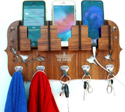 Us Dzire 802 Craft 3 Mobile Charging Stand And Cloth Key Hanger Home Office Wooden Wall Shelf In India - Wood Wall Cell Phone Holder