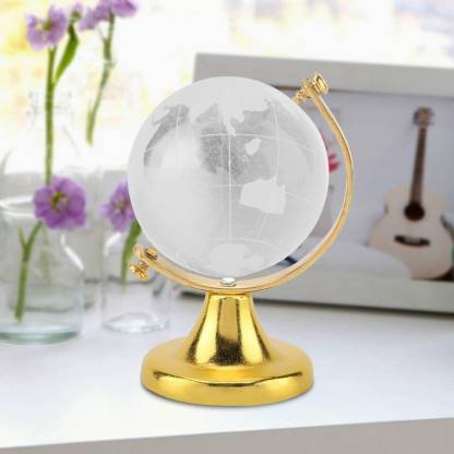 VibeX ™V5G - Etched Crystal World Globe On Stand A Brass Colored Base Decorative Showpiece  -  6.8 cm