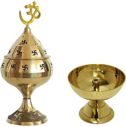 Stylewell Combo Of 2 Pcs Classic Round Paro Pyali Diya (No 1) With ( No.3 )Jali Jyoti Deep with Stand, Cover & Om Puja For Worship/Spirtual/Religion Brass
