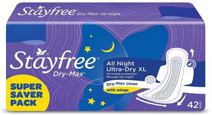 STAYFREE Dry Max All Night XL Dry Cover Sanitary Pads For Women With Wings, 42 pieces Sanitary Pad