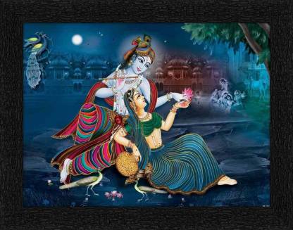 ADS Art Poster Lord Krishna With Radha Painting with Synthetic Frame Digital Reprint 11 inch x 14 inch Painting