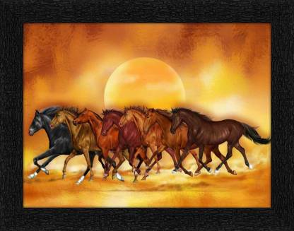 ADS Art Poster Seven Horses Running At Sunset Painting with Synthetic Frame Digital Reprint 11 inch x 14 inch Painting