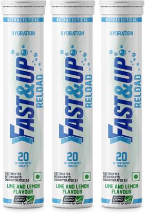 Fast&Up Reload for Energy & Hydration Sports Drink, Lime&Lemon, 20 Tablets (Pack of 3) Nutrition Drink