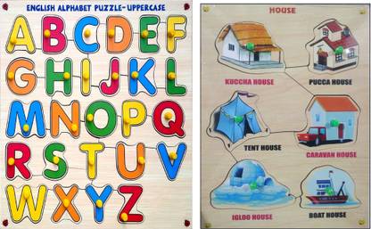 Jeffy Premium Wooden Different Types Of House Educational Puzzle Toy And Capital Letters Abcd English Alphabets Wooden Puzzle Board For Kids With Knobs Premium Wooden Different Types Of House Educational Puzzle
