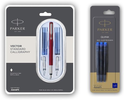 Parker Vector Standard Red CT Calligraphy Fountain Pen 2 Blue 2 Black Ink 