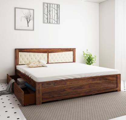 Best Design Teak Color Madrid Sheesham Wood Solid Wood King Drawer Bed – Home Edge