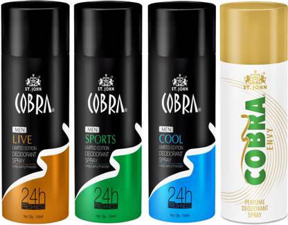 ST-JOHN Cobra Deo Live & Cool & Sports & Envy Deodorant Spray  –  For Men & Women  (600 ml, Pack of 4)