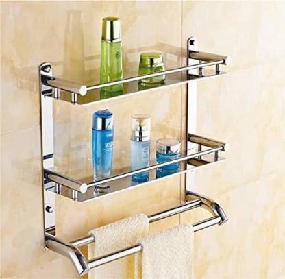 Nopex Bath Accessories High Grade Stainless Steel Multipurpose 2 Layer Bathroom Shelf Kitchen Towel Rack For Holder Wall Mount Double Self In India - Bathroom Towel Wall Shelves
