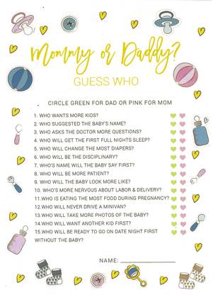 Hippity Hop Mommy Or Daddy Guess Who Game Set Of 10 Cards Baby Shower Game And