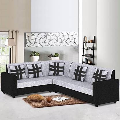 Furny Casalio Corner 5 Seater L Shaped Fabric Sofa Set Grey Black 6 In India 5 Seater L Shaped Fabric Sofa Set, 5 Seat Sofa Set