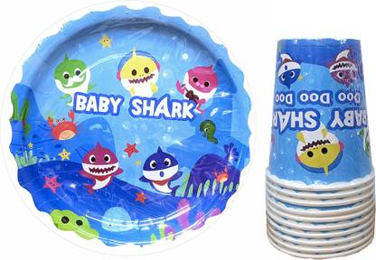 Hippity Hop Cute Baby Shark Party Plates 10pcs Cups 10pcs Baby Shark Thme Paper Cutlery Disposable Paper Plates Cups 9 Inches Plates 9 Oz Cups Price In India Buy