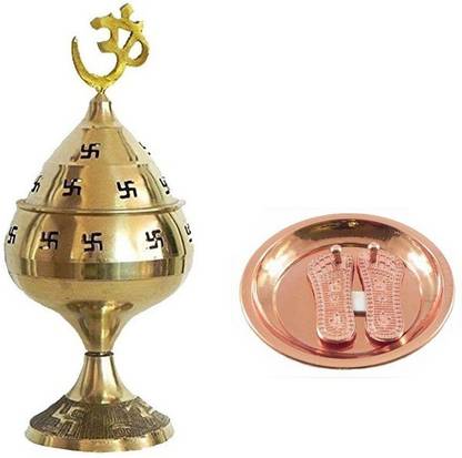Stylewell Combo Of 2 Pcs Shree Maa Lakshmi Charan Paduka ( 2 no ) Vaastu/fengshui Plate With ( No.2 )Jali Jyoti Deep with Stand, Cover & Om Puja Brass