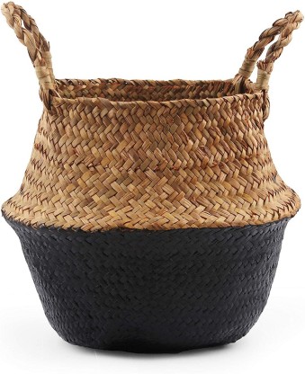 POTEY 730101 Seagrass Plant Basket Set of 3 Hand Woven Belly Basket with Handles Small+Medium+Large, Original Large Storage Laundry Picnic Plant Pot Cover Home Decor & Woven Straw Beach Bag 