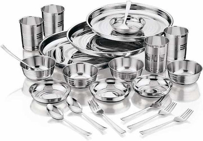 Details about   24 Pcs Stainless Steel Dinner Set Plates Bowl Katori Vati Spoon Glass Fork Set 