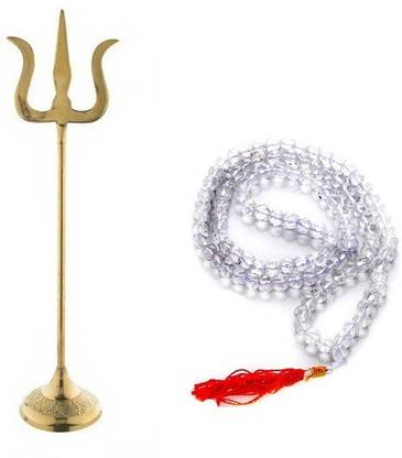 Stylewell Combo of 2 Pcs Trishul Statue (2 no ) With Round Stand And 43 Cm Long 7mm Sphatik Clear Beads Mala For Puja Purpose Brass