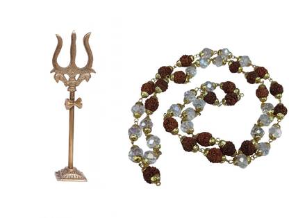 Stylewell Combo of 2 Pcs Trishul Statue With Square Stand And 33 Cm Long Cap Mala For Puja Purpose Brass