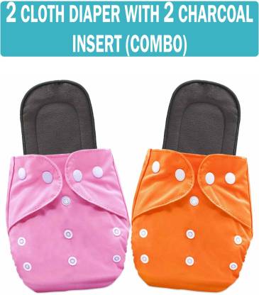 MOM'S PRIDE ® Reusable Solid Pocket Cloth Diapers With Charcoal Inserts Pack of 2 (MultiColor)