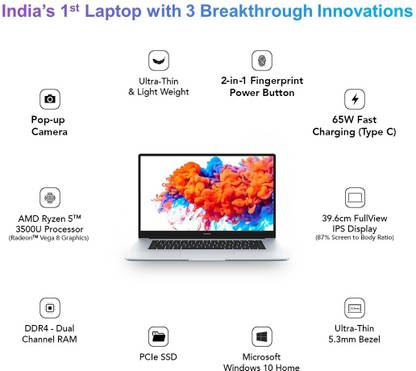 Honor MagicBook 15 Ryzen 5 Quad Core - (8 GB/256 GB SSD/Windows 10 Home) Boh-WAQ9HNR Thin and Light Laptop