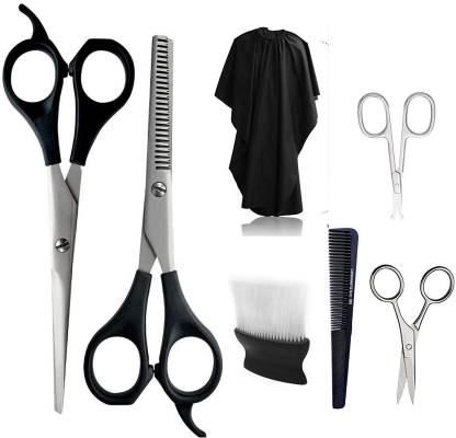 Doberyl Complete Professional Hair Cutting 7pcs Kit at Home. Scissors for  Hair Thinning, Nose, Ear Hair, Beard, Mustache; Neck Duster Brush, Comb,  Haircut Cape Barber Salon Set for Men,Women,Pet Price in India -