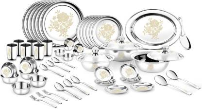 Urban Chef Pack of 61 Stainless Steel Rose Gold 61 Pcs Stainless Steel Heavy Wight dinner Set With Permanent Laser Dinner Set