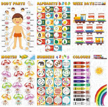 Alphabets, Numbers, Weekdays, Colours, Months, Body Parts Educational Posters/Charts for Preschool Kids, Learning Toy