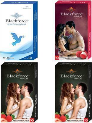 BLACKFORCE Force Mint,Lychee & Strawberry Flavour Ultra Thin and Dotted Condom (Set of 4, 40S) Condom