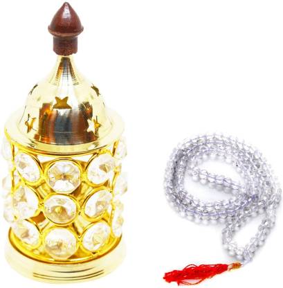 Stylewell Combo Of Crystal Akhand Diya Decorative Brass Oil Lamp ( 1 No ) Diya With Sphatik Mala For Puja Purpose Brass