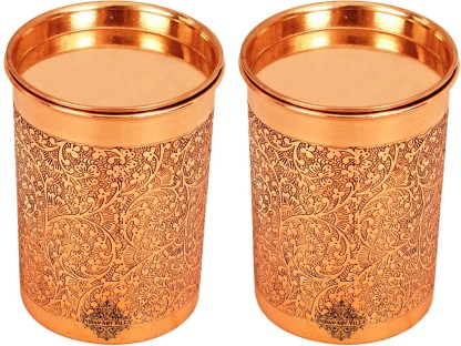 Drinkware Set of 2 300 ML Each Embossed Design Copper Glass Tumbler with Lid 