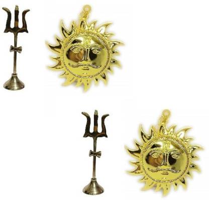 Stylewell Combo of 2 Pcs Trishul ( 1 No ) Statue With Round Stand With 2 Pcs Golden Color Sun Face Wall Hanging Idol For Puja Purpose Brass