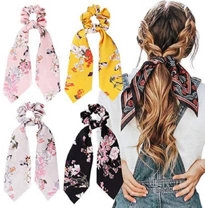 HNB23 4Pcs Hair Scrunchies Silk Satin Scarf Hair Ties Elastic Hair Bands  Ponytail Holder Flower Printed Hair Bobbles Vintage Accessories for Women  Girls pack of 4 Hair Band Price in India -