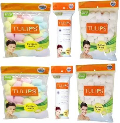 Tulips Karki Fusion Combo of 2 x Multi Color cotton Balls ; 2 x White Cotton Balls ; 2 x Cotton Pads for makeup removing and nail polish removing