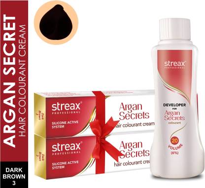 Streax Argan Hair Colourant No 3 +Developer 20 V,250ml , Dark Brwon - Price  in India, Buy Streax Argan Hair Colourant No 3 +Developer 20 V,250ml , Dark  Brwon Online In India,